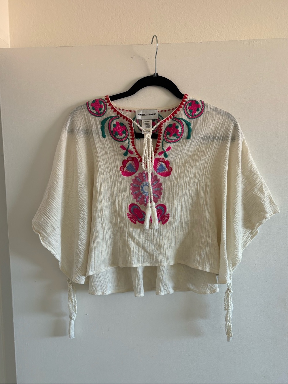 Antik Batik Cream Boho Embroidered Peasant Blouse with Pink and Teal Accents